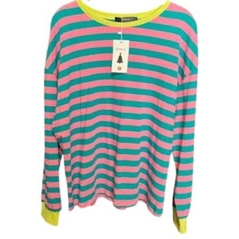 Striped Long Sleeve Top, Pink and Green, Casual Colorful T-Shirt